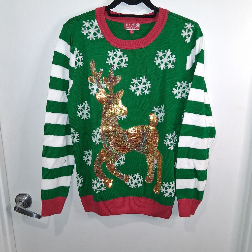 Festive Green & White Reindeer Sweater (Gold Sequin Reindeer). Trimmed in Red